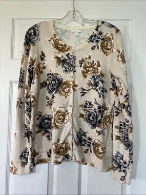 Charter Club Cream Floral Button-Front Cardigan with Brown & Gray Roses